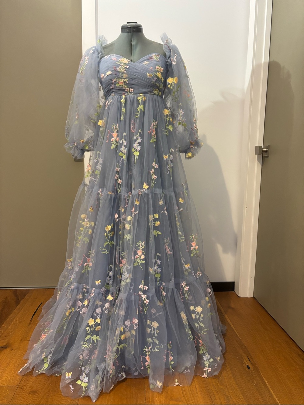NWT Dusty Blue Floral Embroidered Tulle Maxi Dress Corset Gown S/M